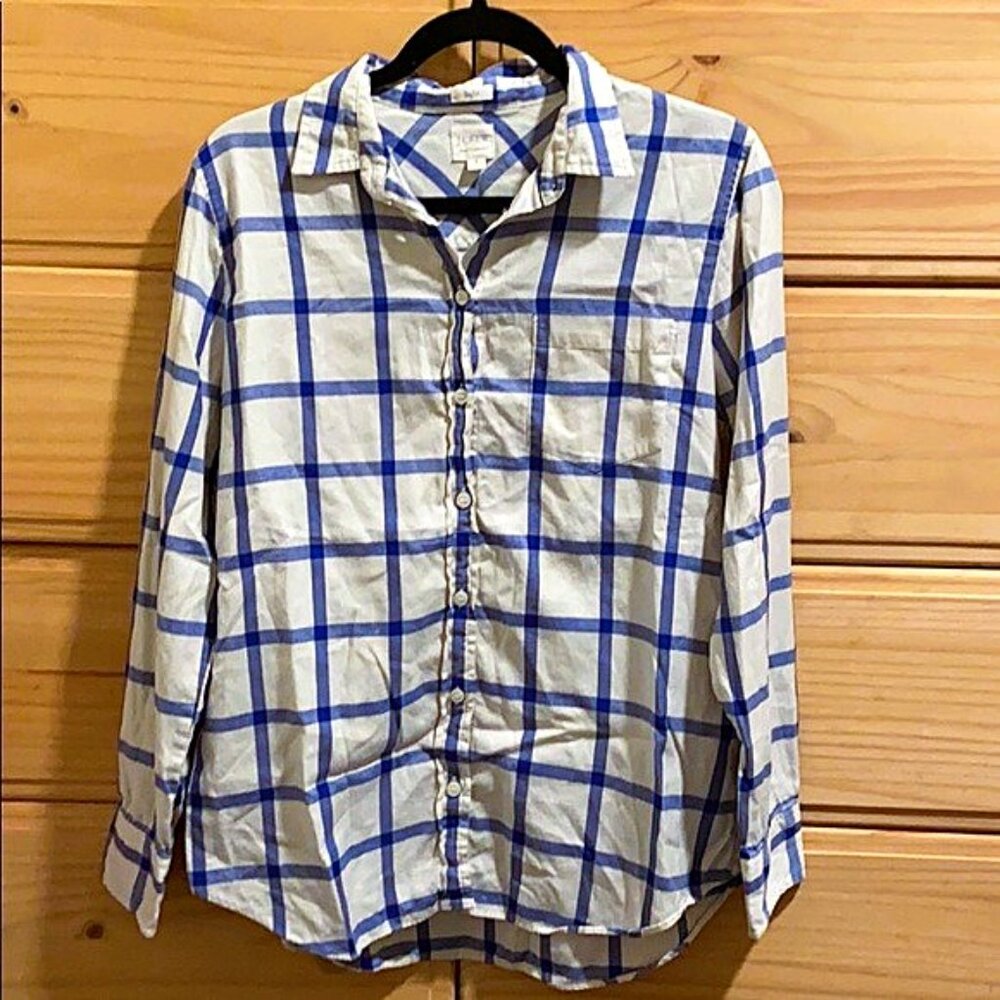 J. Crew sz M Boyfriend Fit Button Down White Blue Shirt